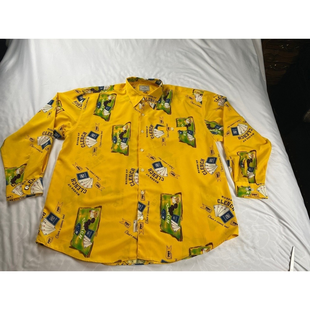 Clench Jeans Mens XXL Yellow Gambling Playing Cards House of Clench Button Shirt